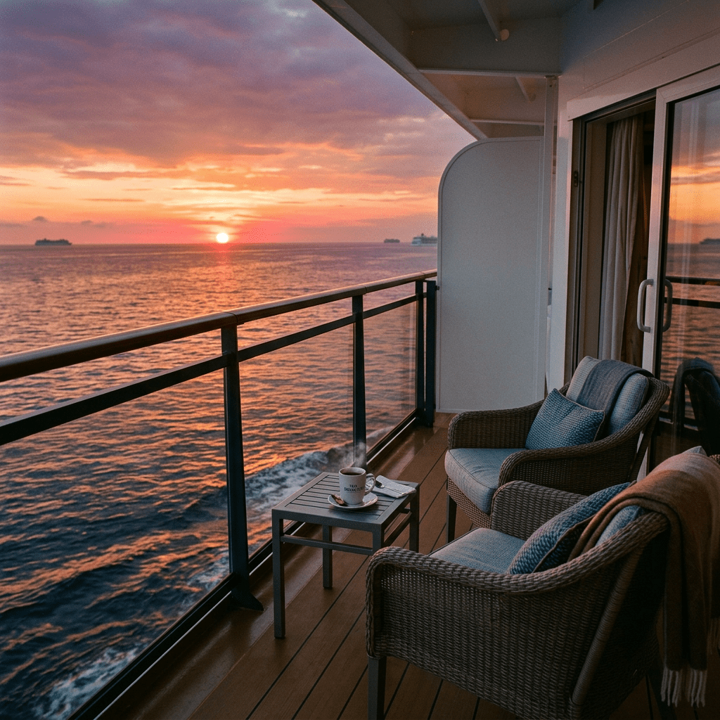 Balcony on a cruise ship with chairs, table, and cup overlooking ocean at sunset