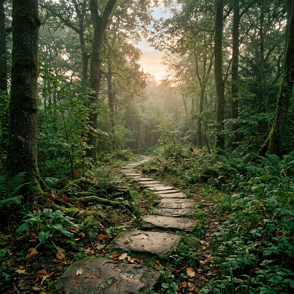 Stone path leading through dense green forest with morning sunlight