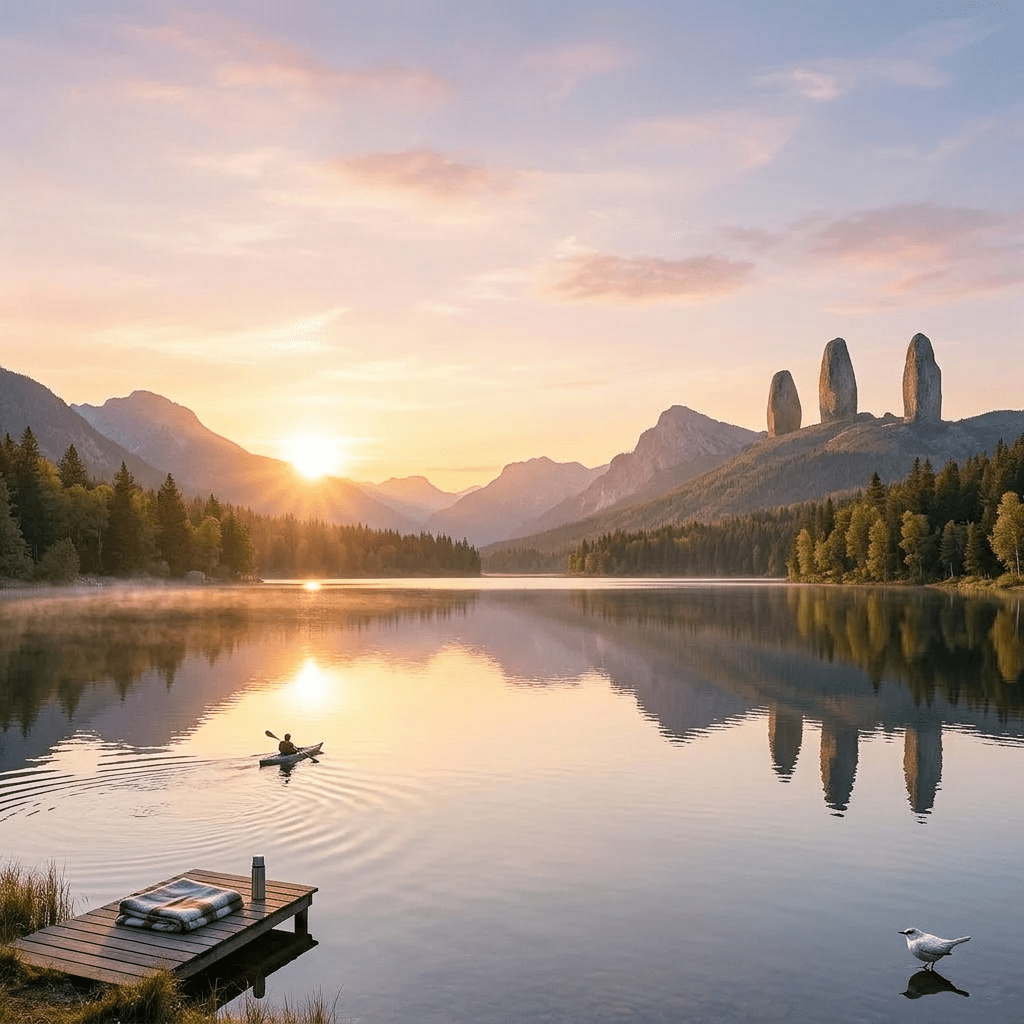 Calm lake at sunrise with a kayaker and three tall rock formations on the mountain